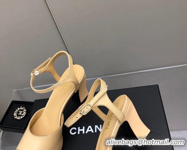 Charming Chanel Lambskin High Heel Sandals Beige 032199