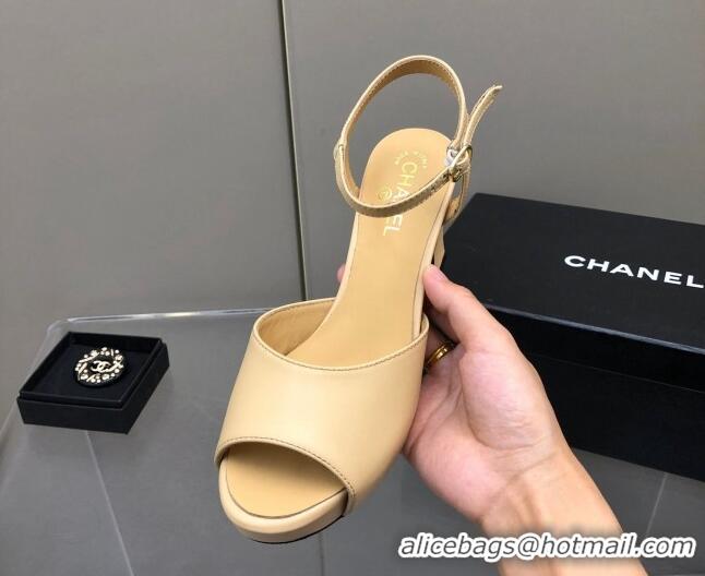 Charming Chanel Lambskin High Heel Sandals Beige 032199