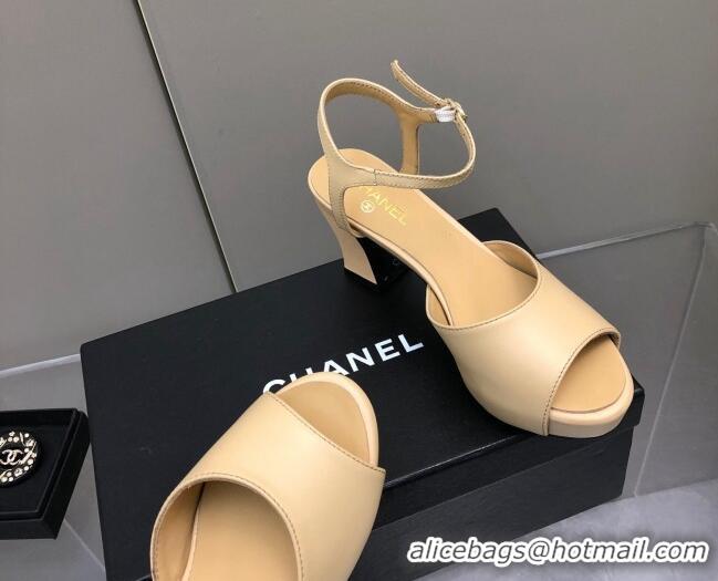 Charming Chanel Lambskin High Heel Sandals Beige 032199