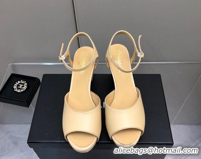 Charming Chanel Lambskin High Heel Sandals Beige 032199