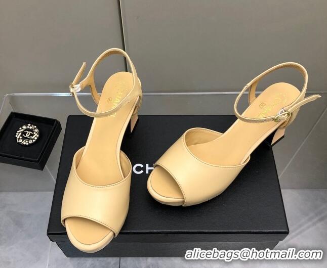 Charming Chanel Lambskin High Heel Sandals Beige 032199