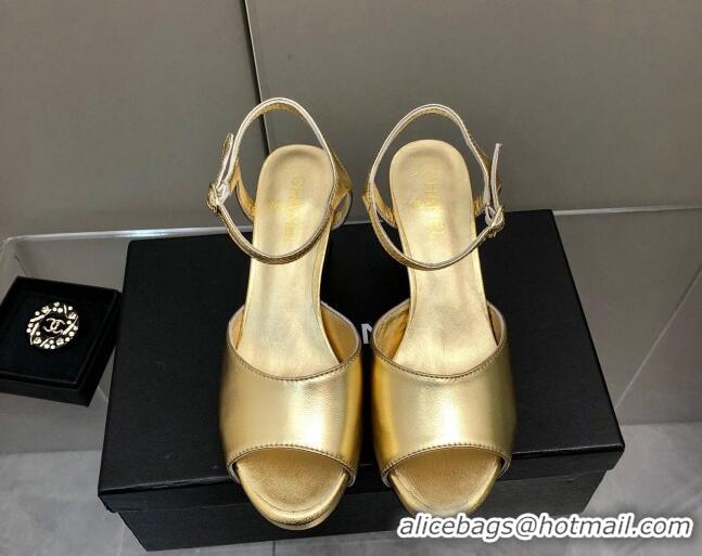 Luxury Chanel Lambskin High Heel Sandals Gold 0321101