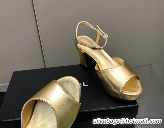 Luxury Chanel Lambskin High Heel Sandals Gold 0321101