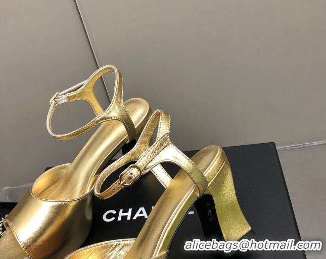 Luxury Chanel Lambskin High Heel Sandals Gold 0321101