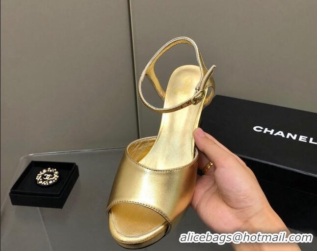 Luxury Chanel Lambskin High Heel Sandals Gold 0321101