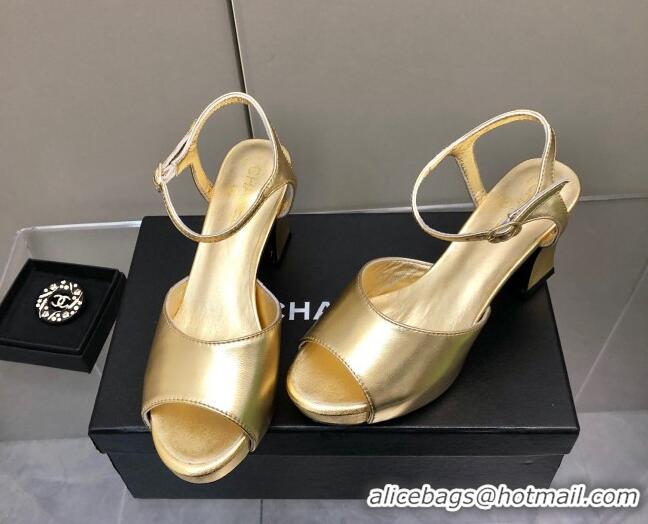 Luxury Chanel Lambskin High Heel Sandals Gold 0321101