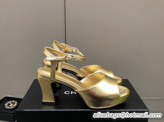 Luxury Chanel Lambskin High Heel Sandals Gold 0321101