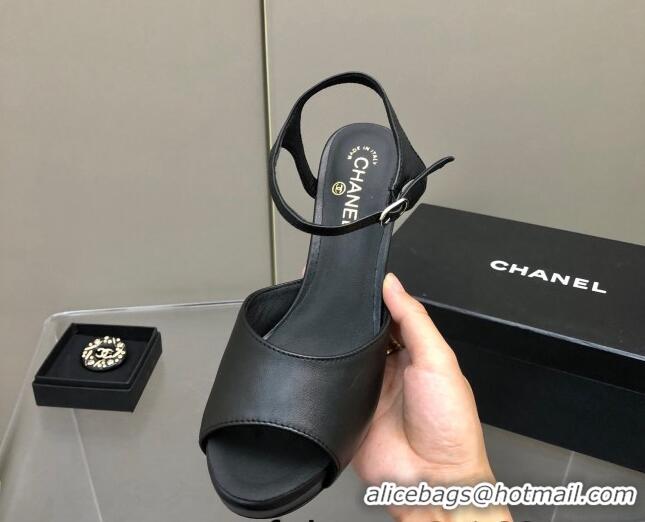 Luxury Chanel Lambskin High Heel Sandals Black 032110