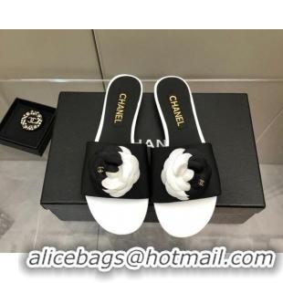 Best Grade Chanel Grosgrain Camellia Bloom Flat Slide Sandals White/Black 0321103