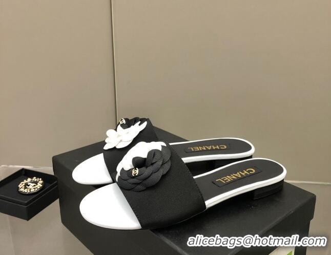 Best Grade Chanel Grosgrain Camellia Bloom Flat Slide Sandals White/Black 0321103