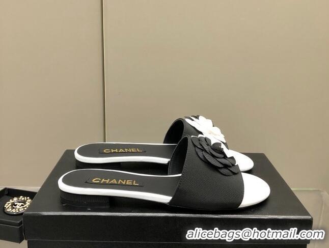 Best Grade Chanel Grosgrain Camellia Bloom Flat Slide Sandals White/Black 0321103