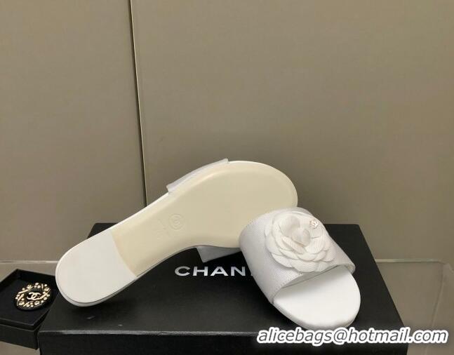 Purchase Chanel Grosgrain Camellia Bloom Flat Slide Sandals White 0321104