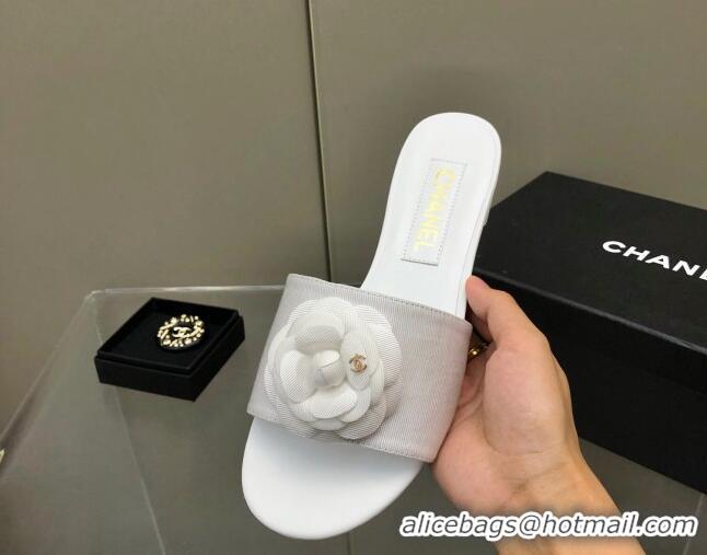 Purchase Chanel Grosgrain Camellia Bloom Flat Slide Sandals White 0321104