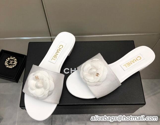 Purchase Chanel Grosgrain Camellia Bloom Flat Slide Sandals White 0321104