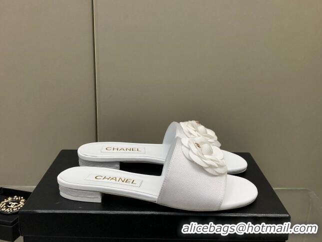 Purchase Chanel Grosgrain Camellia Bloom Flat Slide Sandals White 0321104