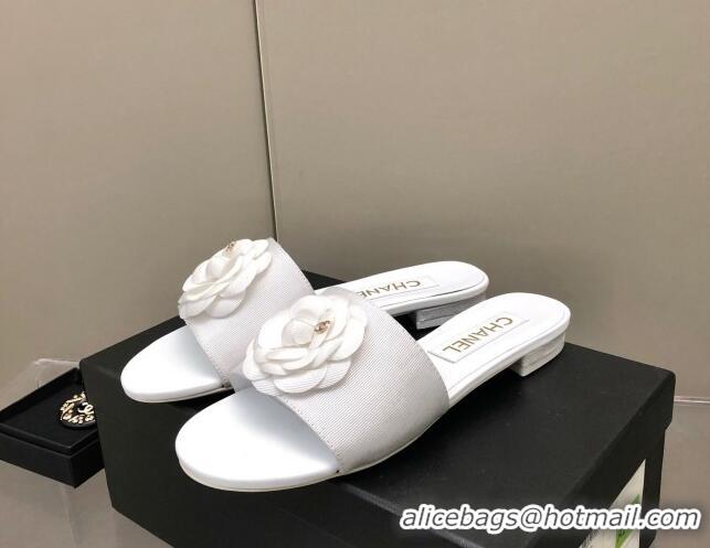 Purchase Chanel Grosgrain Camellia Bloom Flat Slide Sandals White 0321104