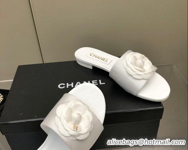 Purchase Chanel Grosgrain Camellia Bloom Flat Slide Sandals White 0321104