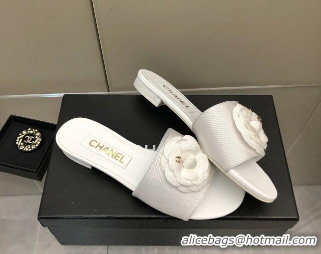 Purchase Chanel Grosgrain Camellia Bloom Flat Slide Sandals White 0321104