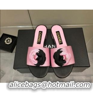 Top Grade Chanel Grosgrain Camellia Bloom Flat Slide Sandals Pink/Black 0321105