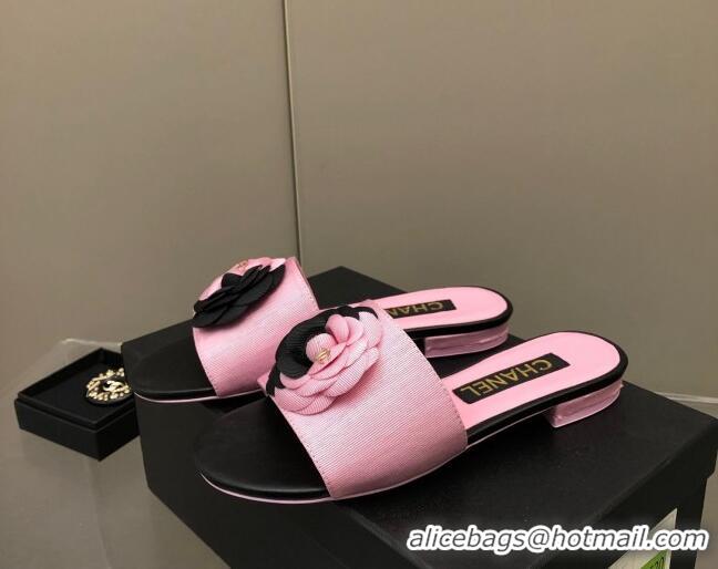 Top Grade Chanel Grosgrain Camellia Bloom Flat Slide Sandals Pink/Black 0321105