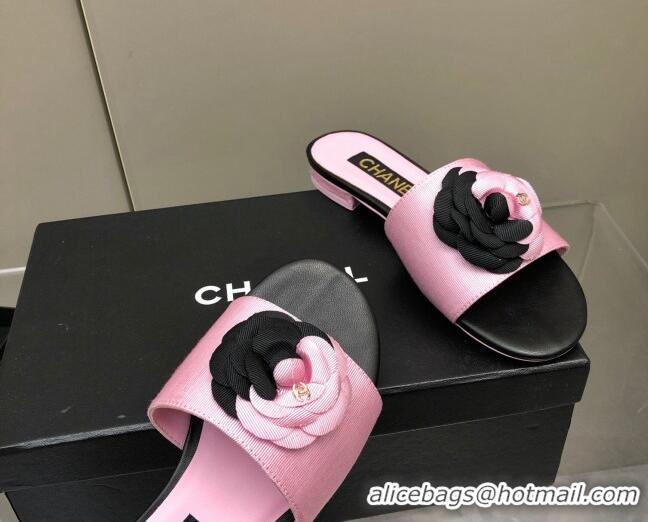 Top Grade Chanel Grosgrain Camellia Bloom Flat Slide Sandals Pink/Black 0321105