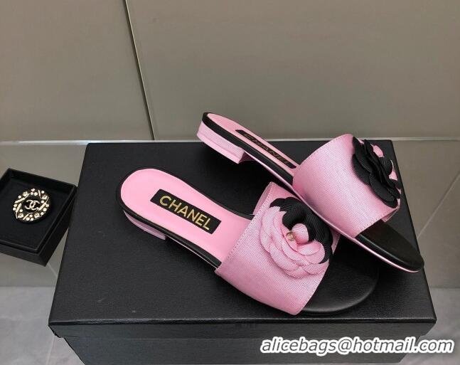 Top Grade Chanel Grosgrain Camellia Bloom Flat Slide Sandals Pink/Black 0321105