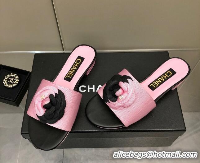 Top Grade Chanel Grosgrain Camellia Bloom Flat Slide Sandals Pink/Black 0321105