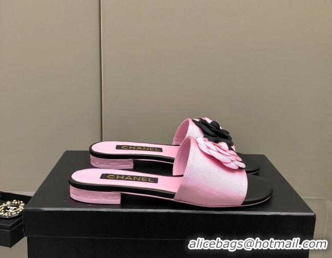 Top Grade Chanel Grosgrain Camellia Bloom Flat Slide Sandals Pink/Black 0321105