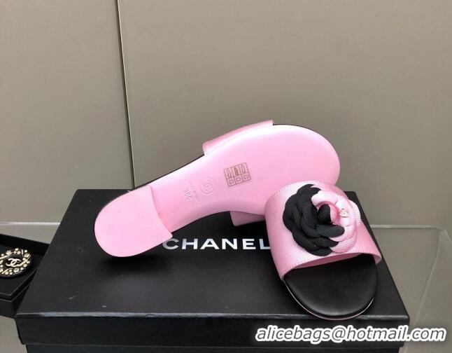 Top Grade Chanel Grosgrain Camellia Bloom Flat Slide Sandals Pink/Black 0321105