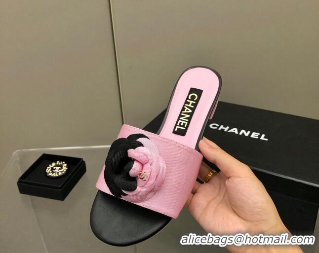 Top Grade Chanel Grosgrain Camellia Bloom Flat Slide Sandals Pink/Black 0321105