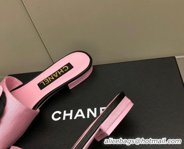 Top Grade Chanel Grosgrain Camellia Bloom Flat Slide Sandals Pink/Black 0321105