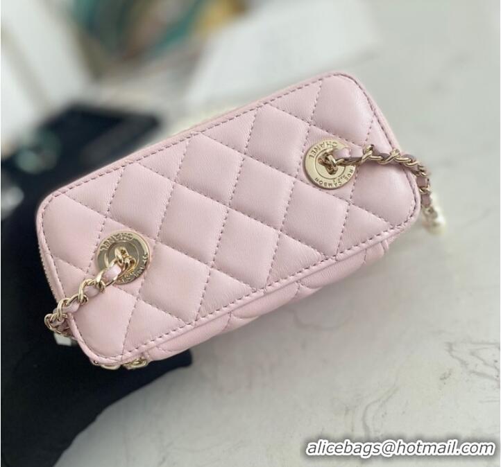 Low Price Chanel mini Shoulder Bag Lambskin Imitation Pearls & Gold-Tone Metal AS91192 pink