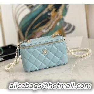 Famous Brand Chanel mini Shoulder Bag Lambskin Imitation Pearls & Gold-Tone Metal AS91192 light blue