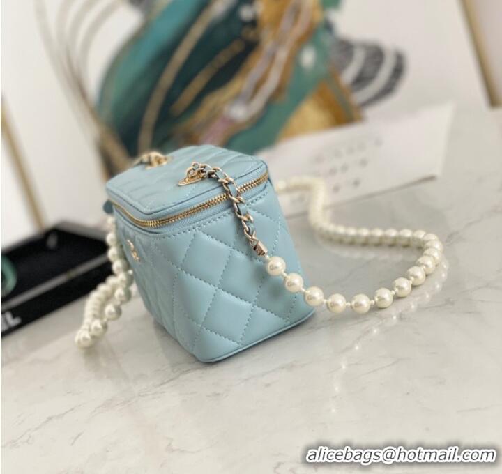 Famous Brand Chanel mini Shoulder Bag Lambskin Imitation Pearls & Gold-Tone Metal AS91192 light blue