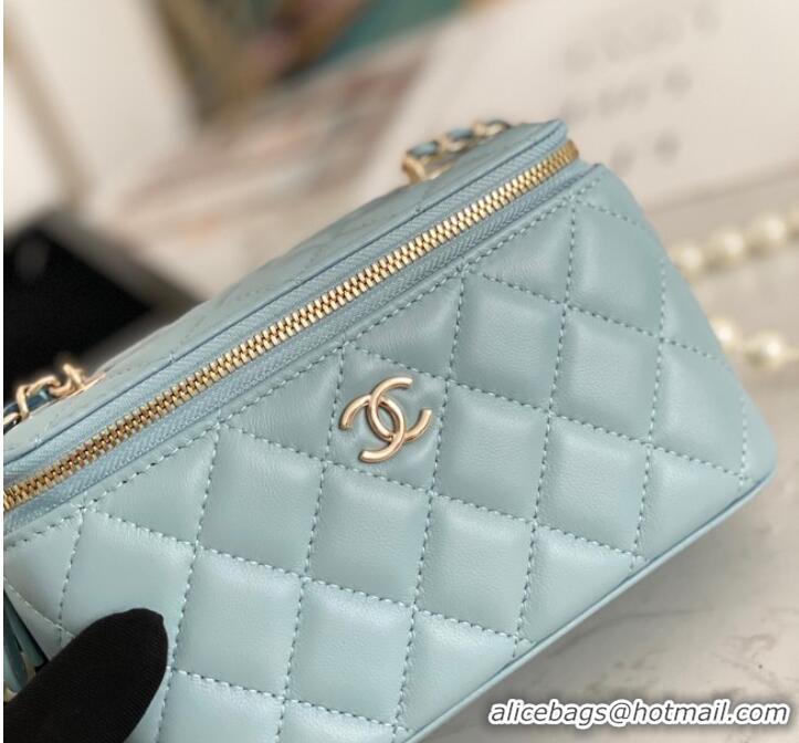 Famous Brand Chanel mini Shoulder Bag Lambskin Imitation Pearls & Gold-Tone Metal AS91192 light blue