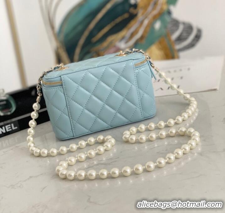 Famous Brand Chanel mini Shoulder Bag Lambskin Imitation Pearls & Gold-Tone Metal AS91192 light blue