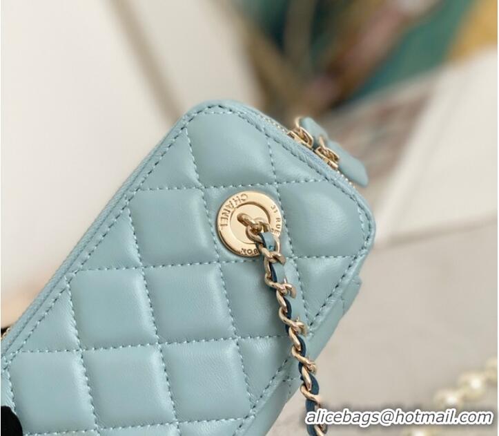 Famous Brand Chanel mini Shoulder Bag Lambskin Imitation Pearls & Gold-Tone Metal AS91192 light blue