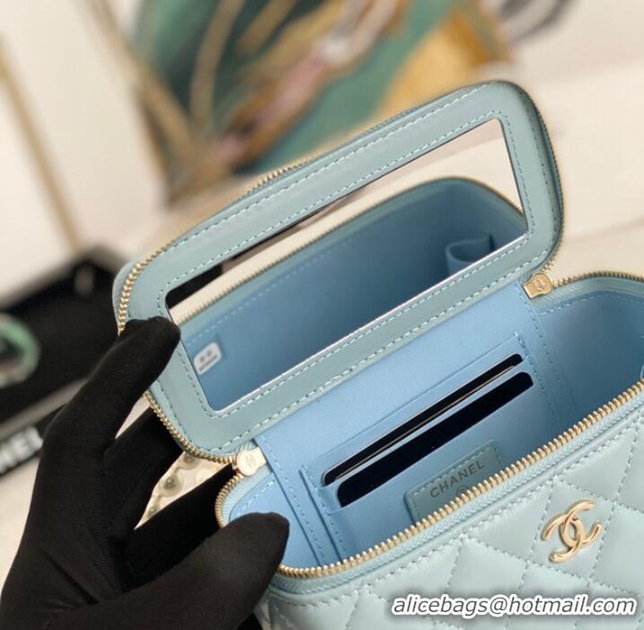 Famous Brand Chanel mini Shoulder Bag Lambskin Imitation Pearls & Gold-Tone Metal AS91192 light blue