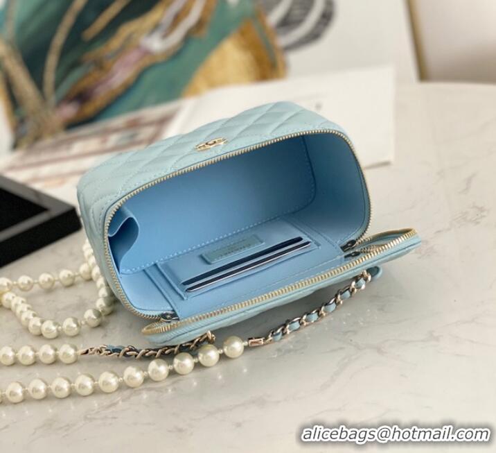 Famous Brand Chanel mini Shoulder Bag Lambskin Imitation Pearls & Gold-Tone Metal AS91192 light blue