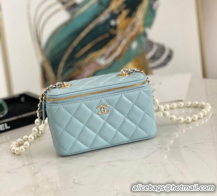 Famous Brand Chanel mini Shoulder Bag Lambskin Imitation Pearls & Gold-Tone Metal AS91192 light blue