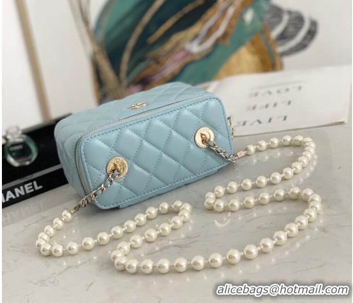 Famous Brand Chanel mini Shoulder Bag Lambskin Imitation Pearls & Gold-Tone Metal AS91192 light blue