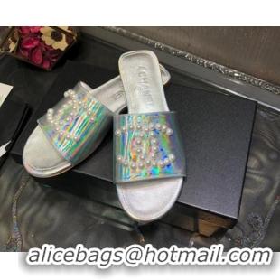 Most Popular Chanel Iridescent Calfskin Pearl CC Flat Slide Sandals Silver 032206