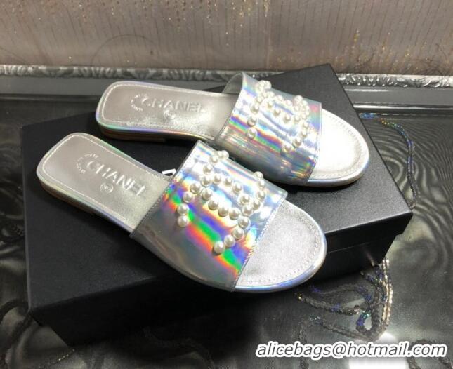 Most Popular Chanel Iridescent Calfskin Pearl CC Flat Slide Sandals Silver 032206