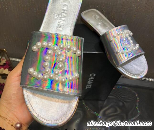 Most Popular Chanel Iridescent Calfskin Pearl CC Flat Slide Sandals Silver 032206