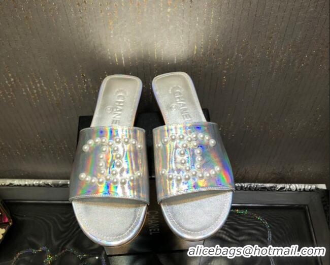 Most Popular Chanel Iridescent Calfskin Pearl CC Flat Slide Sandals Silver 032206