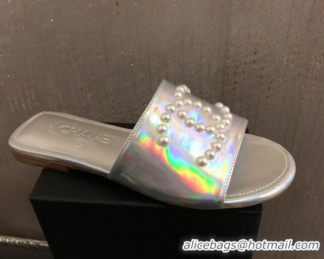 Most Popular Chanel Iridescent Calfskin Pearl CC Flat Slide Sandals Silver 032206