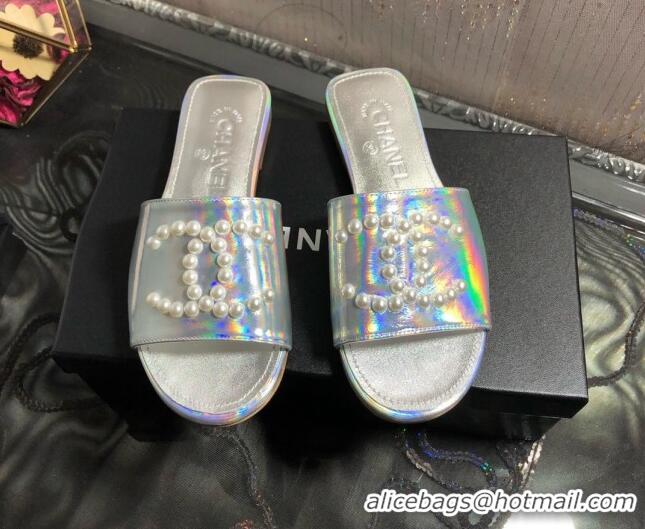 Most Popular Chanel Iridescent Calfskin Pearl CC Flat Slide Sandals Silver 032206