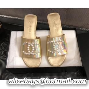 Durable Chanel Iridescent Calfskin Pearl CC Flat Slide Sandals Gold 032207