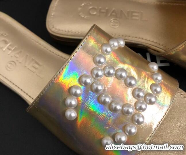 Durable Chanel Iridescent Calfskin Pearl CC Flat Slide Sandals Gold 032207