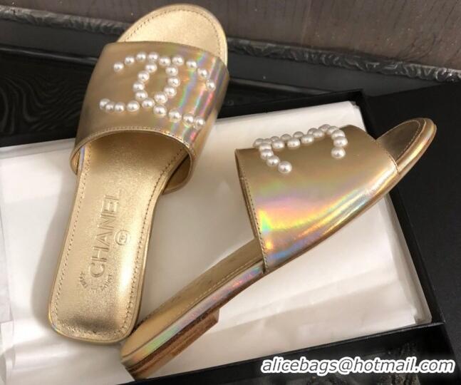 Durable Chanel Iridescent Calfskin Pearl CC Flat Slide Sandals Gold 032207